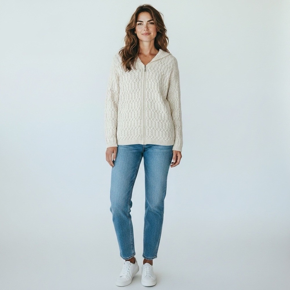 Blarney Woollen Mills Sweater Women's M Ivory Cable Knit Wool Fisherman Irish